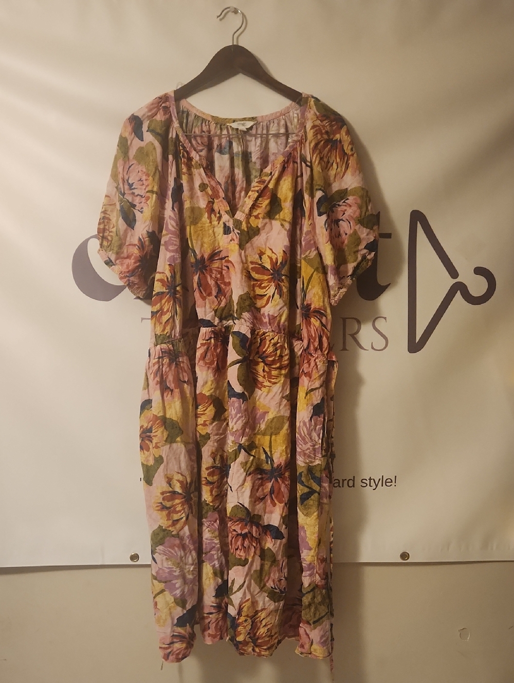 Terra & Sky Pink and Yellow Floral Tiered V‑Neck Midi Dress